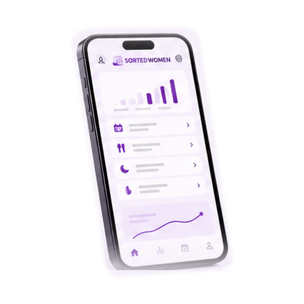 Phone illustrating the Sorted Women wellness app